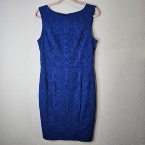 Worthington Women's Blue Damask Sleeveless Sheath Dress Size 12 Professional